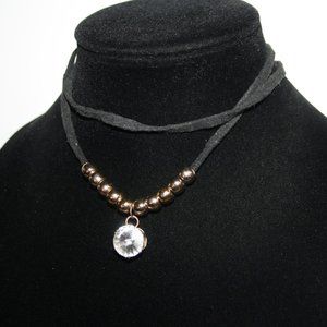 Beautiful black cord, gold beaded and rhinestone choker necklace 13-15"